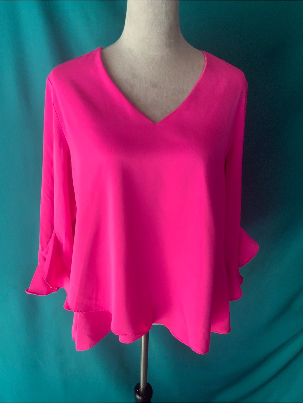 Women's V-Neck Ruffle Sleeve Blouse/Tunic - Hot Pink